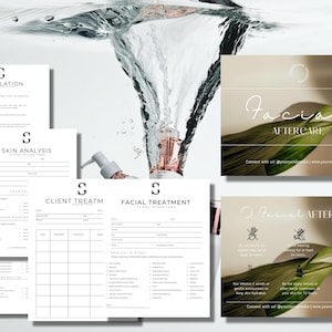 May include: A collection of skincare business forms and promotional materials. The forms include "Cancellation", "Skin Analysis", "Client Treatment", and "Facial Treatment". The promotional materials say "Facial Aftercare". A bottle is in the background.