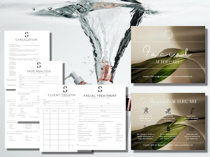 May include: A collection of skincare business forms and promotional materials. The forms include "Cancellation", "Skin Analysis", "Client Treatment", and "Facial Treatment". The promotional materials say "Facial Aftercare". A bottle is in the background.