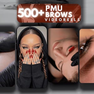 Puede incluir: Imagen que presenta cuatro paneles que muestran procedimientos de maquillaje permanente (PMU) de cejas. La pancarta superior dice "500+ PMU BROWS VIDEOREELS". Los paneles muestran primeros planos de tratamientos de cejas, incluyendo tatuaje y modelado, con un enfoque en los resultados.