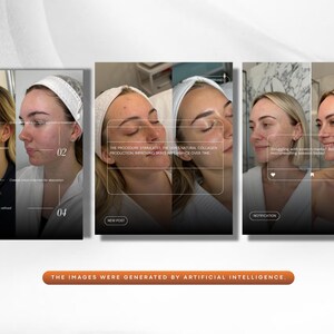 K&ouml;nnte beinhalten: Eine Reihe von drei Bildern, die das Gesicht einer Frau vor und nach einer Hautpflegebehandlung zeigen. Die Bilder enthalten Text, der lautet: "Das Verfahren stimuliert die nat&uuml;rliche Kollagenproduktion und verbessert das Hautbild im Laufe der Zeit."