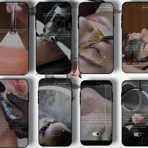 May include: Eight smartphone screens displaying skincare treatments. Each screen shows close-up images of procedures, with text overlays describing the services, including "Targeted rejuvenation" and "Advanced anti-aging treatments."