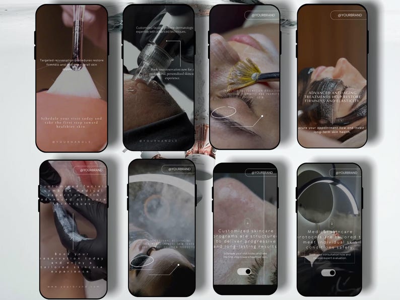 May include: Eight smartphone screens displaying skincare treatments. Each screen shows close-up images of procedures, with text overlays describing the services, including "Targeted rejuvenation" and "Advanced anti-aging treatments."
