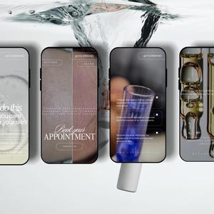 May include: Four smartphones displaying skincare information. The first phone has the text "Don't do this if you care for your skin!". The second phone shows a before and after skin comparison. The third phone shows a blue test tube. The fourth phone shows a close-up of a liquid.