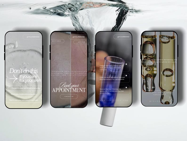May include: Four smartphones displaying skincare information. The first phone has the text "Don't do this if you care for your skin!". The second phone shows a before and after skin comparison. The third phone shows a blue test tube. The fourth phone shows a close-up of a liquid.