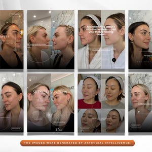 K&ouml;nnte beinhalten: Eine Sammlung von acht Bildern, die Hautpflegebehandlungen zeigen. Jedes Bild zeigt zwei nebeneinander liegende Portr&auml;ts von Frauen, mit Text&uuml;berlagerungen, die Microneedling und Hautpflege diskutieren. Die Bilder wurden von k&uuml;nstlicher Intelligenz generiert.