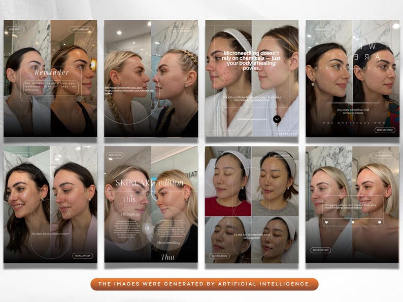 K&ouml;nnte beinhalten: Eine Sammlung von acht Bildern, die Hautpflegebehandlungen zeigen. Jedes Bild zeigt zwei nebeneinander liegende Portr&auml;ts von Frauen, mit Text&uuml;berlagerungen, die Microneedling und Hautpflege diskutieren. Die Bilder wurden von k&uuml;nstlicher Intelligenz generiert.