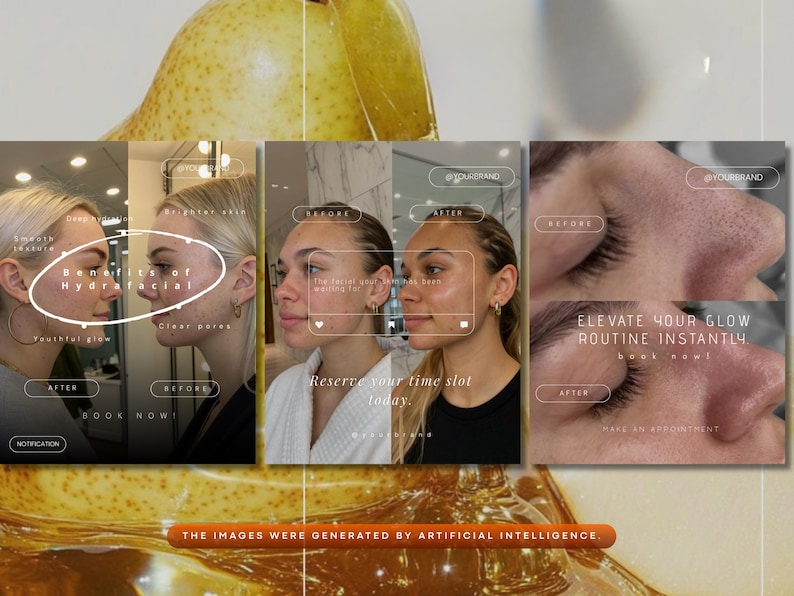 May include: A promotional image showcasing the benefits of a Hydrafacial treatment. The image features before and after photos of a person's face, highlighting smoother texture, clear pores, and youthful glow. The text includes "Reserve your time slot today" and "Elevate your glow routine instantly."