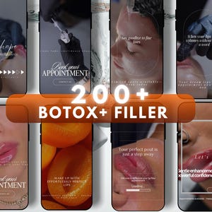 May include: A collage of smartphone screens showcasing cosmetic procedures. The screens display text such as "Botox + Filler," "Add shape," and "Book your appointment." Images include close-ups of lips and faces, with text overlaying the images. The overall theme is cosmetic enhancements.