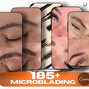 May include: A promotional image featuring multiple smartphone screens displaying close-up views of eyebrows and eyes. The screens showcase microblading results and related tools. An orange banner at the bottom reads "185+ MICROBLADING".