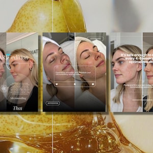 K&ouml;nnte beinhalten: Werbung f&uuml;r Hautpflege mit dem Gesicht einer Frau und Text&uuml;berlagerungen. Der Text lautet "SKINCARE edition", "This or That" und "It's safe enough to repeat every 4-6 weeks for optimal results."