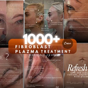 Op de afbeelding: Promotieafbeelding voor Fibroblast Plasma Treatment, met voor- en nafoto's en tekst. De afbeelding benadrukt de voordelen van de behandeling, waaronder het verminderen van fijne lijntjes en het verbeteren van de huidtextuur. De tekst bevat "1000+" en "Verfris een doffe huid en bereik een stralende, jeugdige uitstraling met plasma."