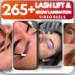 Può includere: Immagine che mostra procedure di lifting delle ciglia e laminazione delle sopracciglia. L'immagine presenta primi piani di occhi e sopracciglia durante il processo, con strumenti e prodotti visibili. La sovrapposizione di testo recita "265+ LASH LIFT & BROW LAMINATION VIDEO REELS".