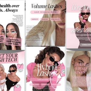 May include: A collection of six informational graphics featuring text about eyelash extensions, including titles like Lash health over trends, Volume Lashes, How long does the first appointment take, Meet Your Lash Tech, and Hybrid Lashes.