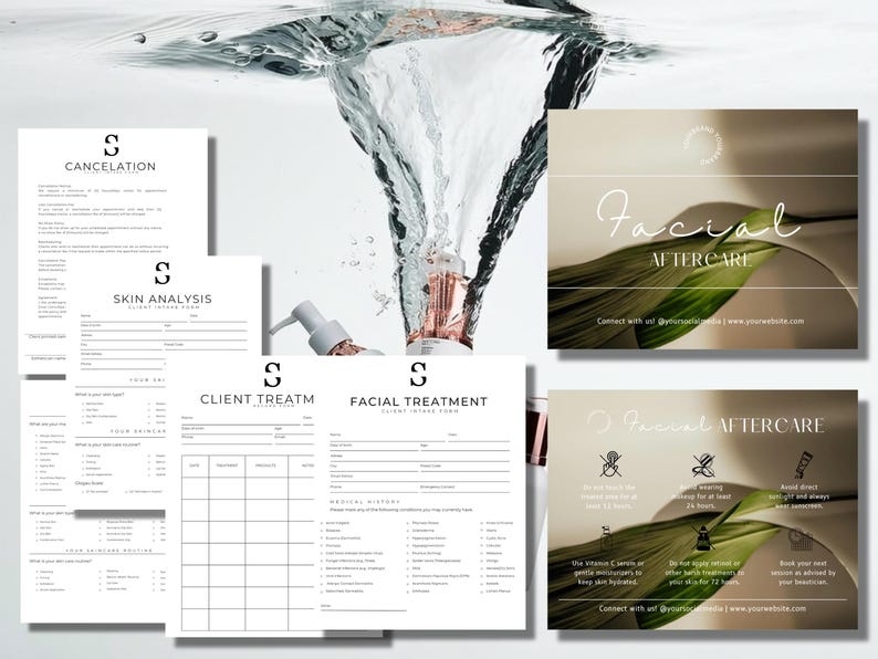 May include: A collection of white skincare forms with the letter "S" logo, including "Cancellation", "Skin Analysis", "Client Treatment", and "Facial Treatment". Two "Facial Aftercare" cards are also present, with text and botanical elements.