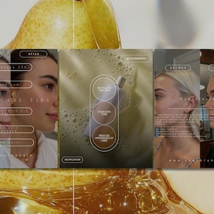 May include: A skincare product advertisement with before and after images. The ad highlights aftercare tips and product benefits like even skin tone and reduced lines. A pear is in the background.