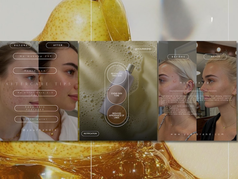 May include: A skincare product advertisement with before and after images. The ad highlights aftercare tips and product benefits like even skin tone and reduced lines. A pear is in the background.