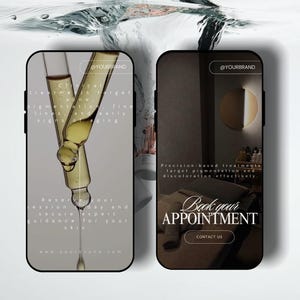 May include: Two smartphones displaying skincare adverts. One shows two vials with a yellow liquid, the other features a room with a bed and the text "Book your appointment". The brand name is visible.