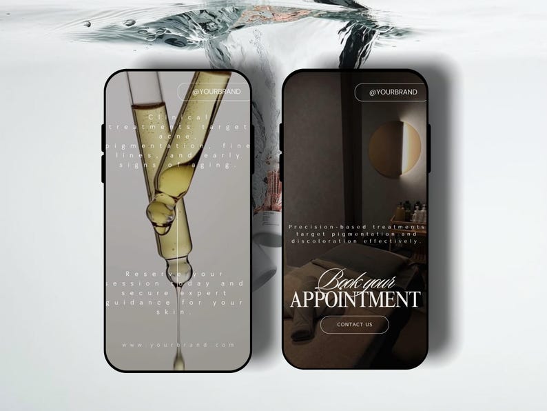 May include: Two smartphones displaying skincare adverts. One shows two vials with a yellow liquid, the other features a room with a bed and the text "Book your appointment". The brand name is visible.