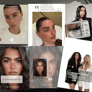 May include: A collage of six images featuring individuals with styled eyelashes, including text overlays such as Catch up with your lash routine, Have you scheduled your lash appointment?, Your lashes deserve gentle care, too, and Don't wait until your technique is perfect.