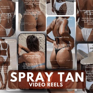 Könnte beinhalten: Eine Collage mit Bildern, die für Spray-Tanning-Dienstleistungen werben. Die Bilder zeigen Frauen in Badebekleidung mit gebräunter Haut, zusammen mit Text, der die Bilder überlagert. Der Text enthält Sätze wie "bronzed and thriving" und "spray tan video reels".