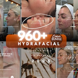 May include: A collage of images promoting HydraFacial treatments. The images show before and after results, with text overlays including "960+ Canva Bundle" and "Your glow story begins with HydraFacial."
