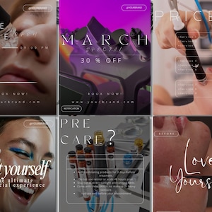 May include: A collage of six images promoting a skincare service. The images feature text such as "WE ARE OPEN", "MARCH SPECIAL 30% OFF", "PRICE LIST", "Treat yourself to the ultimate Hydrafacial experience", "PRE CARE?", and "Love Yourself".
