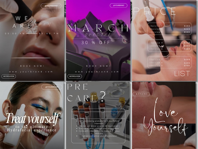 May include: A collage of six images promoting a skincare service. The images feature text such as "WE ARE OPEN", "MARCH SPECIAL 30% OFF", "PRICE LIST", "Treat yourself to the ultimate Hydrafacial experience", "PRE CARE?", and "Love Yourself".