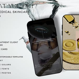 May include: A digital marketing image showing two smartphones. One displays a facial treatment client intake form, the other showcases skincare product application. Text includes "200+ Medical Skincare + Video" and "Facial Treatment Client Intake Form".