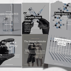 May include: A collection of six social media graphics featuring medical imagery including vials, syringes, and molecular structures. The text overlays discuss peptide therapy, common mistakes, and treatment steps, all presented in a monochromatic grey colour scheme.
