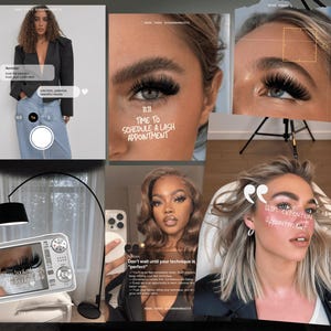 Könnte beinhalten: Eine Collage mit Wimpernverlängerungen, darunter Nahaufnahmen von Augen mit langen Wimpern, Texteinblendungen wie 'Time to schedule a lash appointment', ein schwarzer Blazer, eine Stehlampe und ein Fernseher im Vintage-Stil mit Wimpernmotiven.