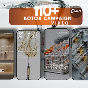Op de afbeelding: Promotieafbeelding voor een Botox-campagnevideo, met vier smartphoneschermen. De schermen tonen informatie over rimpelvermindering, speciale aanbiedingen en het boeken van afspraken. De afbeelding bevat de tekst "110+ Botox Campaign Video".