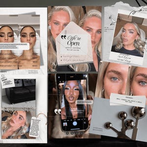 May include: A digital collage featuring beauty service advertisements, including text overlays like We're Open, brow lamination pricing, and lash and brow visual diary. The composition includes portraits of individuals with styled brows, a black chair, and metallic tools.