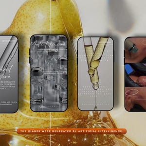 May include: A promotional image with four smartphone screens displaying medical skincare content. The screens show skincare products and procedures, with the words "Medical skincare" visible. The background is a blurred image of a pear. The text reads "The images were generated by artificial intelligence."