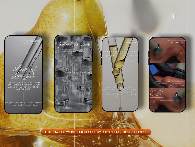 May include: A promotional image with four smartphone screens displaying medical skincare content. The screens show skincare products and procedures, with the words "Medical skincare" visible. The background is a blurred image of a pear. The text reads "The images were generated by artificial intelligence."