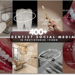 Może przedstawiać: Kolaż promujący usługi stomatologiczne, z tekstem "400+ DENTIST SOCIAL MEDIA IG POST + STORIES + VIDEO." Inne obrazy pokazują narzędzia dentystyczne, zęby i tekst, taki jak "Do you do teeth whitening?" i "Your next dental check-up is just one click away."