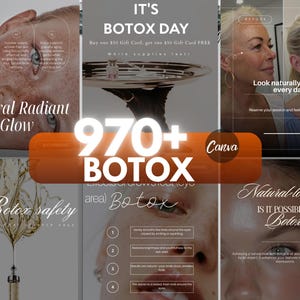 Op de afbeelding: Een promotionele afbeelding voor Botox-behandelingen. De afbeelding bevat de tekst "IT'S BOTOX DAY" en "970+ BOTOX". Andere tekst omvat "Natural Radiant Glow" en "Look naturally vibrant every day". De afbeelding bevat ook voor- en nafoto's.