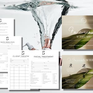 May include: A selection of skincare forms and aftercare guides. The forms cover skin analysis, client treatment, and facial treatment. The aftercare guides feature text and graphics with a natural, spa-like aesthetic.