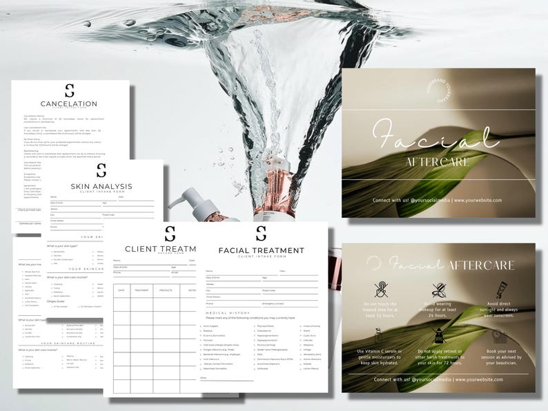 May include: A selection of skincare forms and aftercare guides. The forms cover skin analysis, client treatment, and facial treatment. The aftercare guides feature text and graphics with a natural, spa-like aesthetic.
