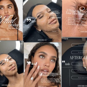 May include: A collection of six educational social media graphics featuring text overlays about lash lift procedures, including aftercare tips, product information, and comparisons, with close-up photography of eyes and faces.