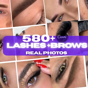 May include: A montage of close-up images demonstrating eyelash extensions and eyebrow treatments. A purple banner displays the text "580+ LASHES + BROWS REAL PHOTOS" in white. The images show diverse eye colours and brow styles.