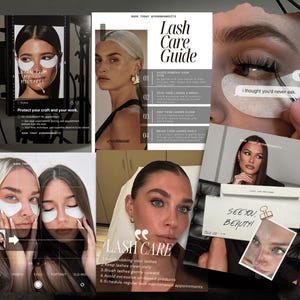 Könnte beinhalten: Eine Sammlung digitaler Marketingvorlagen für die Wimpernpflege mit Anleitungstexten, darunter Lash Care Guide, und Bildern von Personen mit weißen Augenpads, gestaltet mit professioneller Fotografie und klarer Typografie.