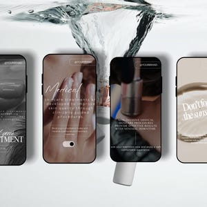 May include: Four smartphones displaying skincare information. The screens show text like "Book your appointment" and "Medical skincare treatments." One screen says "Don't forget the sunscreen!" The background is a water splash.