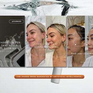 May include: A promotional image showcasing a skincare treatment. The image features a series of before-and-after photos of a person's face, along with text promoting deep hydration and glowing skin. A white bottle is in the foreground.