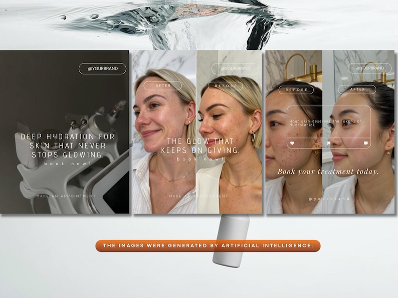 May include: A promotional image showcasing a skincare treatment. The image features a series of before-and-after photos of a person's face, along with text promoting deep hydration and glowing skin. A white bottle is in the foreground.