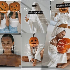 May include: A collage of six promotional images for a medical aesthetic clinic featuring individuals holding carved pumpkins. Text overlays include phrases like Under-eye refresh, Your pre-holiday injectable timeline, and No tricks, just natural results.