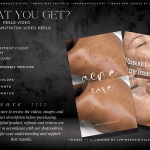 May include: A digital marketing template set for acne treatment services, featuring text overlays including WHAT YOU GET, 20+ ACNE REELS VIDEO, and facial treatment client intake forms. The design displays skin care imagery with the text acne care.