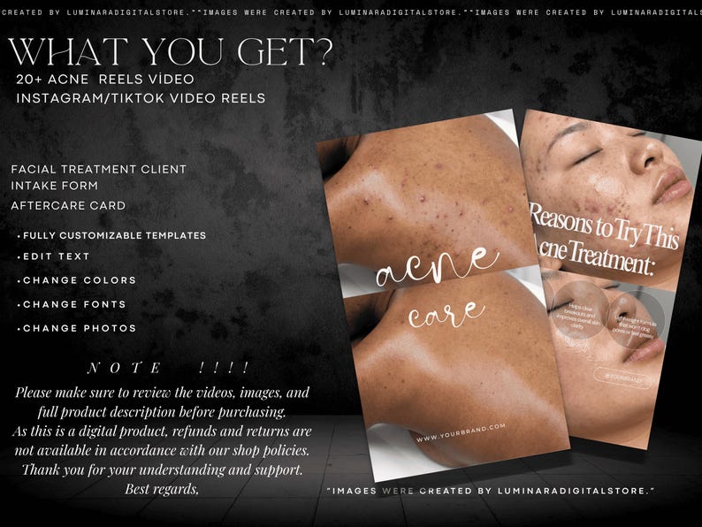 May include: A digital marketing template set for acne treatment services, featuring text overlays including WHAT YOU GET, 20+ ACNE REELS VIDEO, and facial treatment client intake forms. The design displays skin care imagery with the text acne care.