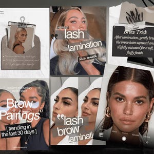 Puede incluir: Un collage de gráficos para redes sociales sobre belleza con superposiciones de texto como lash lamination, brow pairings y brow trick. Las imágenes muestran retratos en primer plano con cejas y pestañas estilizadas junto a textos.