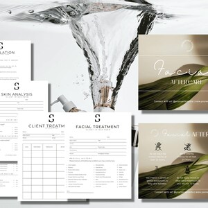 May include: A collection of printed forms for a skincare business, including a cancellation policy, skin analysis, client treatment record, and facial treatment intake form, alongside two informational cards titled Facial Aftercare.