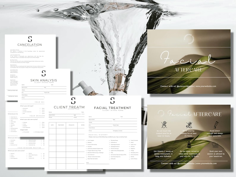 May include: A collection of printed forms for a skincare business, including a cancellation policy, skin analysis, client treatment record, and facial treatment intake form, alongside two informational cards titled Facial Aftercare.